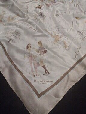 Celine Dion Parfums Silk Scarf Women Perfume Print 18" Square Cream Tan Brown